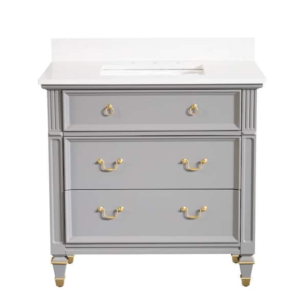 36 in. Gray Solid Wood Bath Vanity with Carrara White Quartz Top, Single Sink, Soft-Close Drawers, Assembled