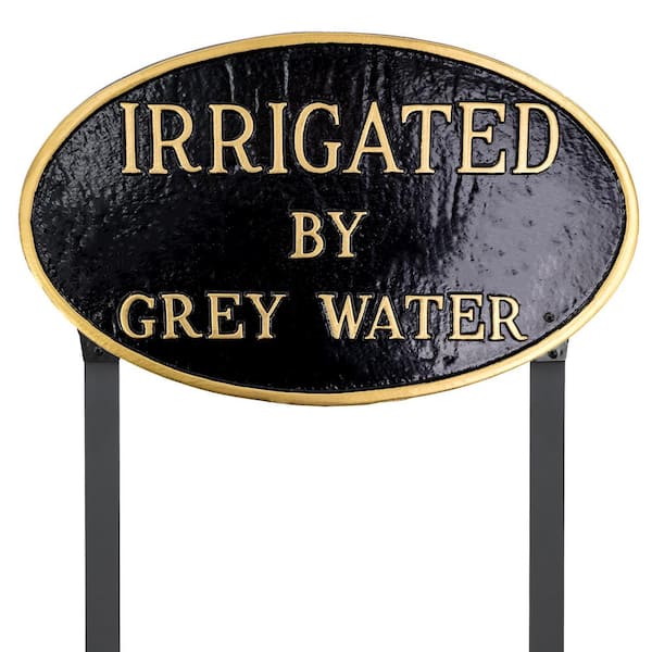 Montague Metal Products 10 in. x 18 in. Large Oval Irrigated By Grey Water Statement Plaque Sign with Lawn Stakes - Black/Gold