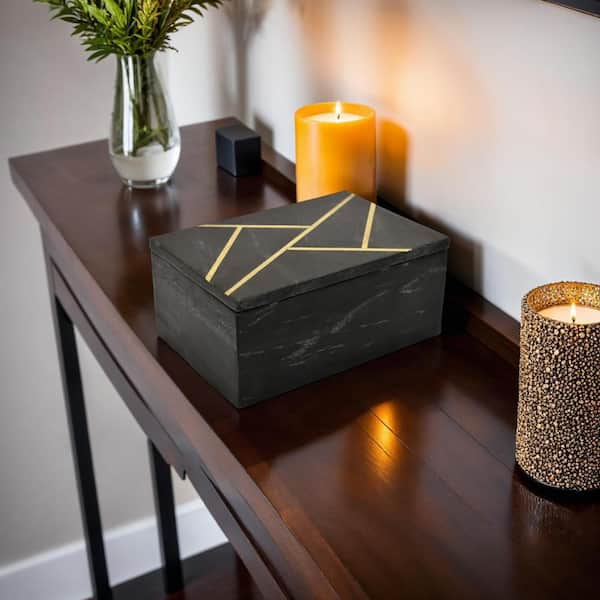 Axel Black 6 in. W x 4 in. H Marble Decorative Storage Box with Gold Geometric Inlay