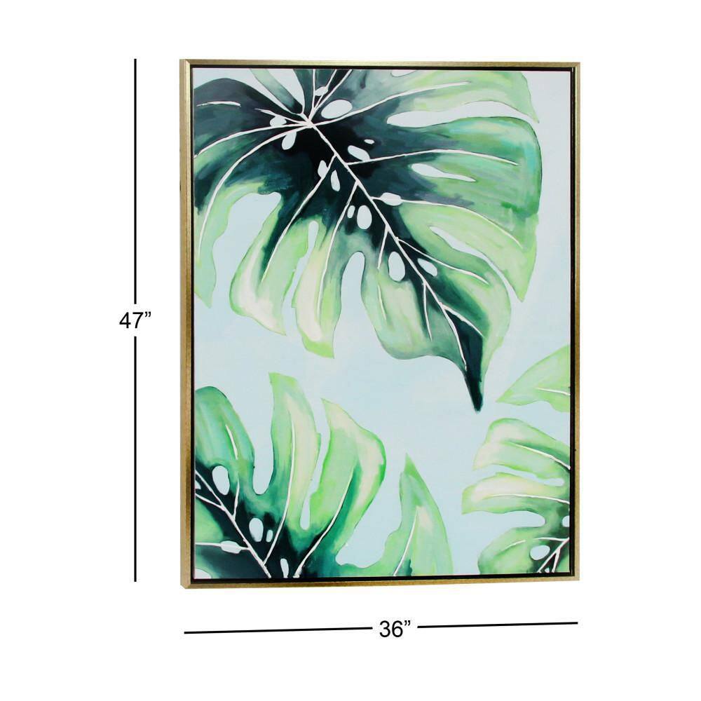 Green Monstera Leaf Abstract Canvas Wall Art with Gold Frame
