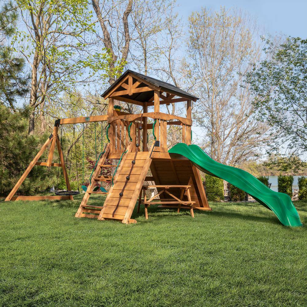 Endeavor II Cedar Swing Set with Slide and Climbing Wall