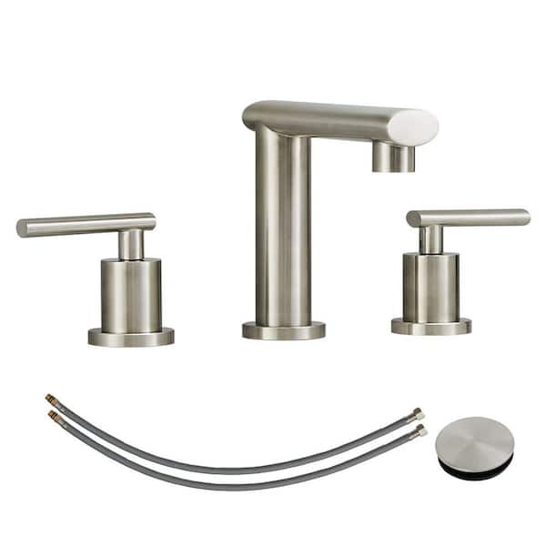 Lukvuzo Low-Arch 8 in. Widespread Double Handle Bathroom Faucet with Pop-Up Drain Assembly in Brushed Nickel