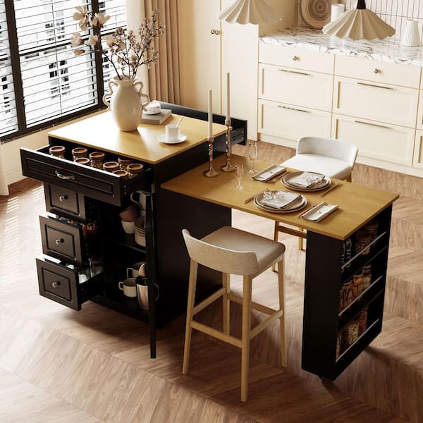 Black Wood 73 in. W Kitchen Island with Extendable Dining Table and ...