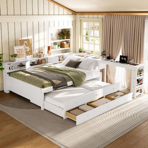 Gwenno White Full Size Daybed with Trundle, Desk and 3 Storage Drawers