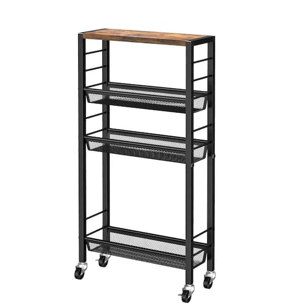 4-Tier Black Narrow Kitchen Storage Cart, Slim Utility Cart on Wheel, Skinny Bathroom Storage Cart with Wood Tabletop