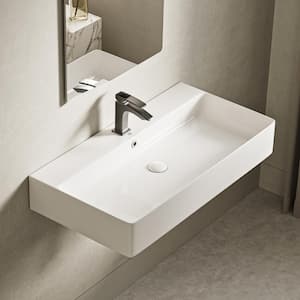 Rectangular Trough Vessel Sink 32 in . Round Corner Bathroom Sink in White Ceramic With Pop-Up Drain and Mount Kit