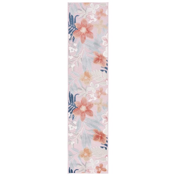 Cabana Pink/Gray 2 ft. x 9 ft. High-Low Floral Leaf Indoor/Outdoor Runner Rug