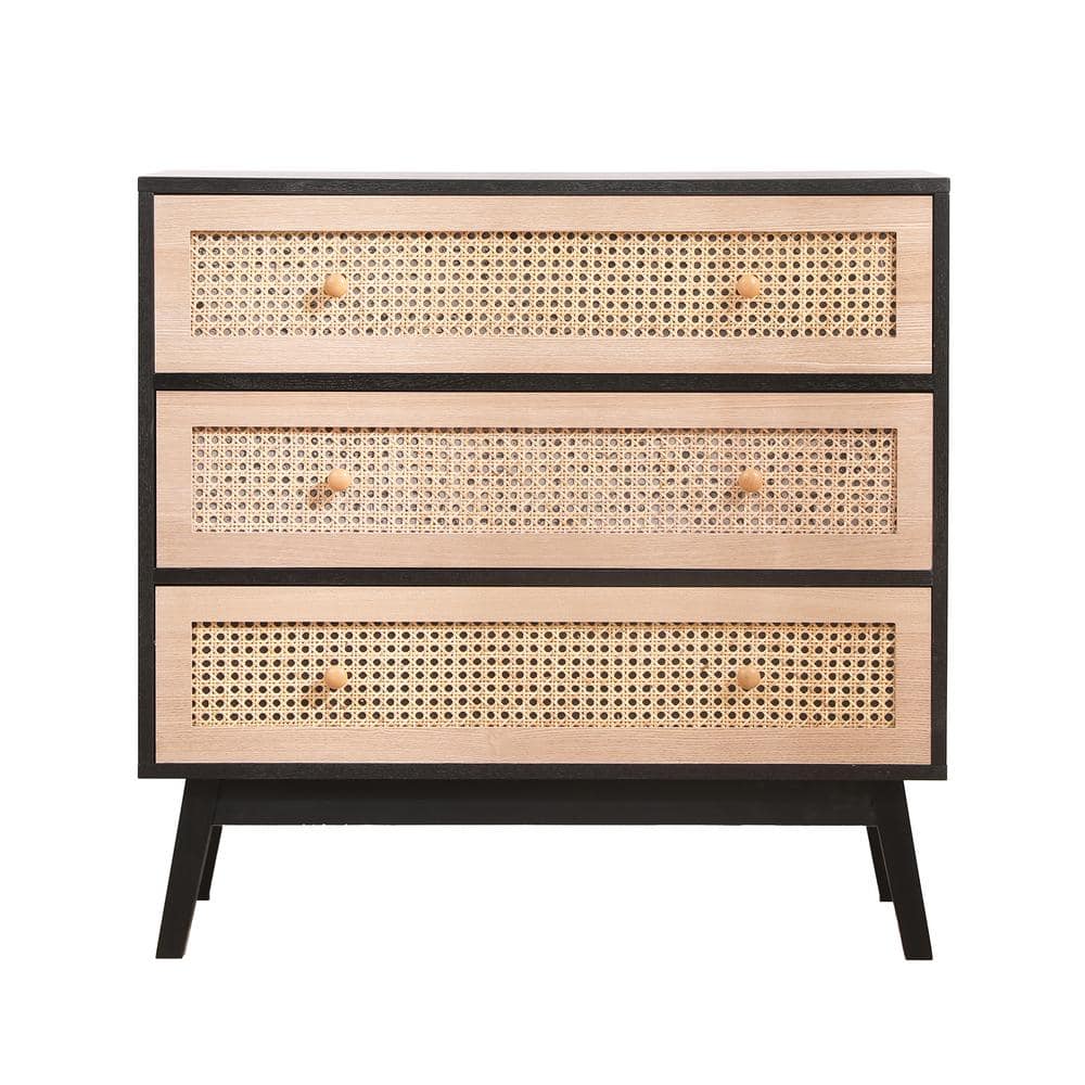54.42 Gal. Black Wood 3-Drawers Deck Box, Storage Cabinet with Natural Ratt
