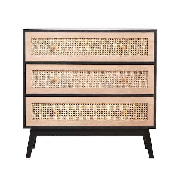 Unbranded 54.42 Gal. Black Wood 3-Drawers Deck Box, Storage Cabinet with Natural Rattan Drawers for Bedroom, Living Room
