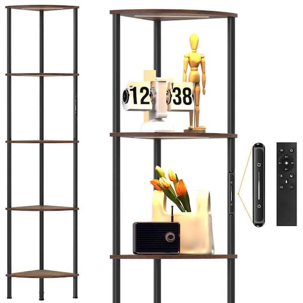 66.5 in. Retro Brown 5-Tier Dimmable LED Column Circular Sector Shelf Floor Lamp with Color Temperature