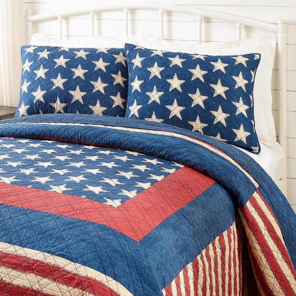 Americana Patchwork Blue and Red Cotton Full Quilt Set
