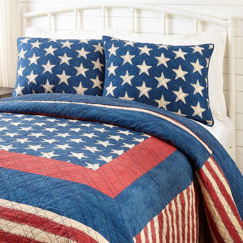 Classic Americana Patchwork King Cotton Quilt Set with Reversible Blue Denim
