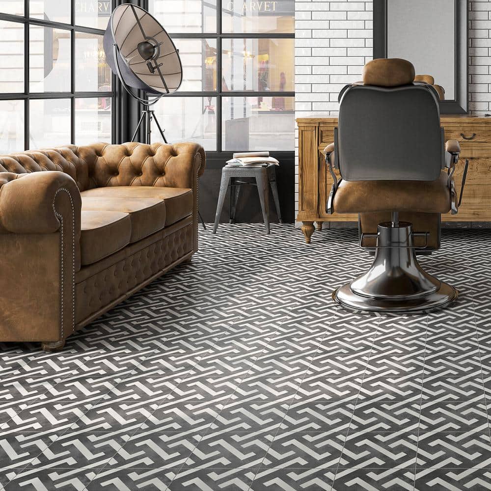 Anabella 9" x 9" Black and White Porcelain Patterned Tile
