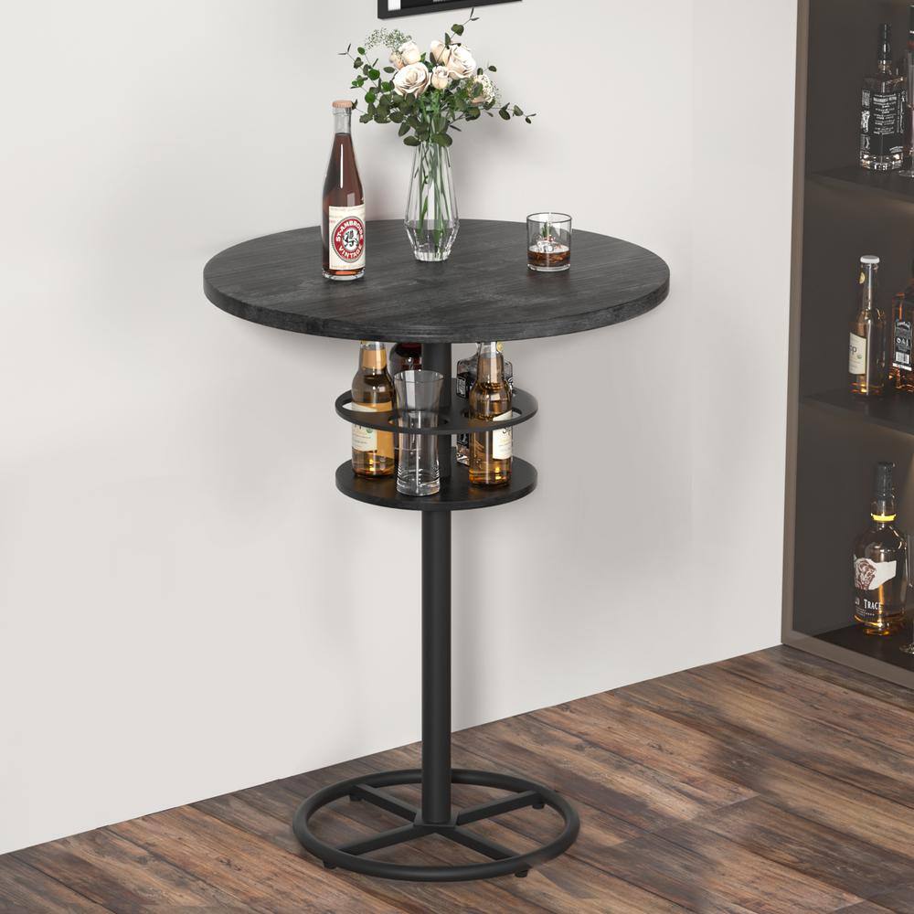 Black Round Counter Height Bar Table with Wood Top and Metal Pedestal