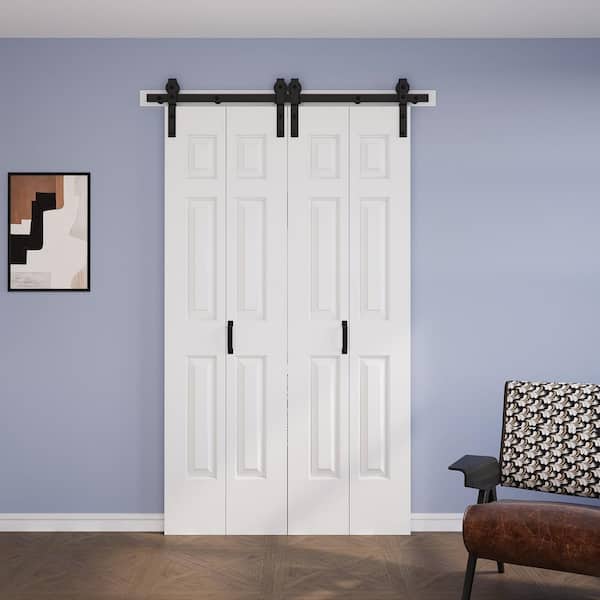 48 in. x 84 in. Assembled Bi-Fold 6 Panel White Primed DIY Available Hollow Core MDF Sliding Barn Door with Hardware Kit