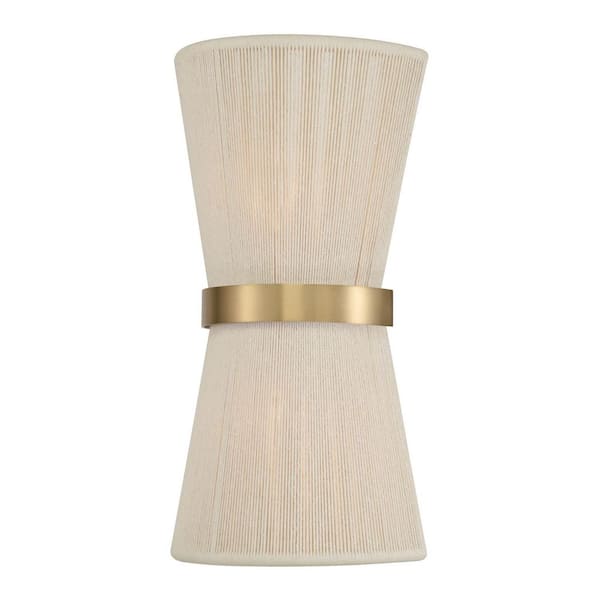 Cecilia 8.75 in. 2-Light Hand Wrapped Bleached Natural Rope String and Hand-Distressed Patinaed Brass Sconce