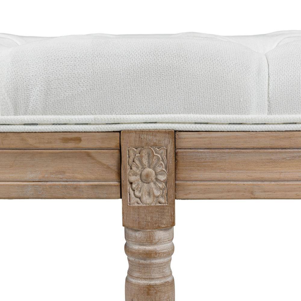 Cream Linen Upholstered Tufted Bedroom Bench with Wood Legs