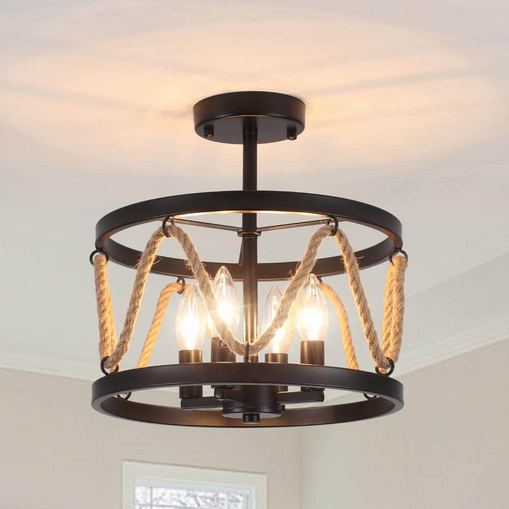 LWYTJO 13 in. 4-Light Hemp Rope Black Semi- Flush Mount with No Bulbs ...
