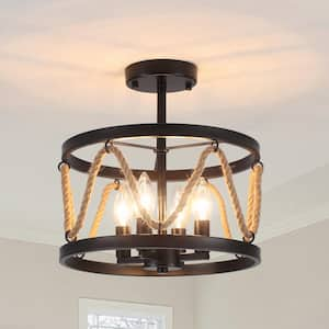 13 in. 4-Light Hemp Rope Black Semi- Flush Mount with No Bulbs Included