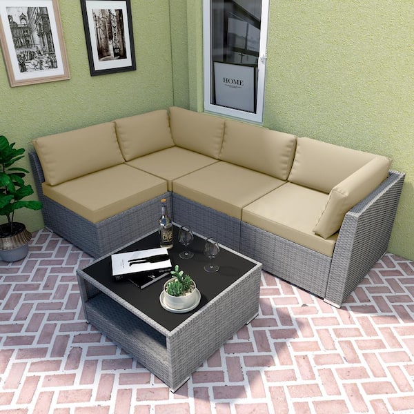 EAGLE PEAK 5-Piece Wicker Outdoor Patio Conversation Seating Sofa Set with Coffee Table, Beige Cushions