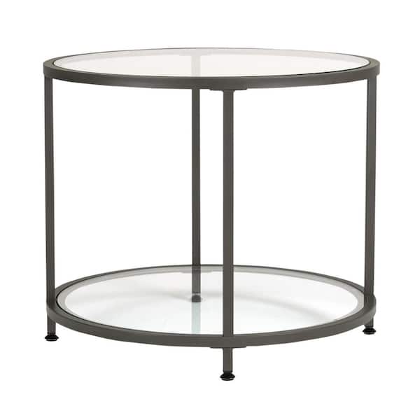 Studio Designs Home Camber 26 in. Gray Modern 2-Tier Round Living Room Tempered Glass End Table Glass Metal Frame