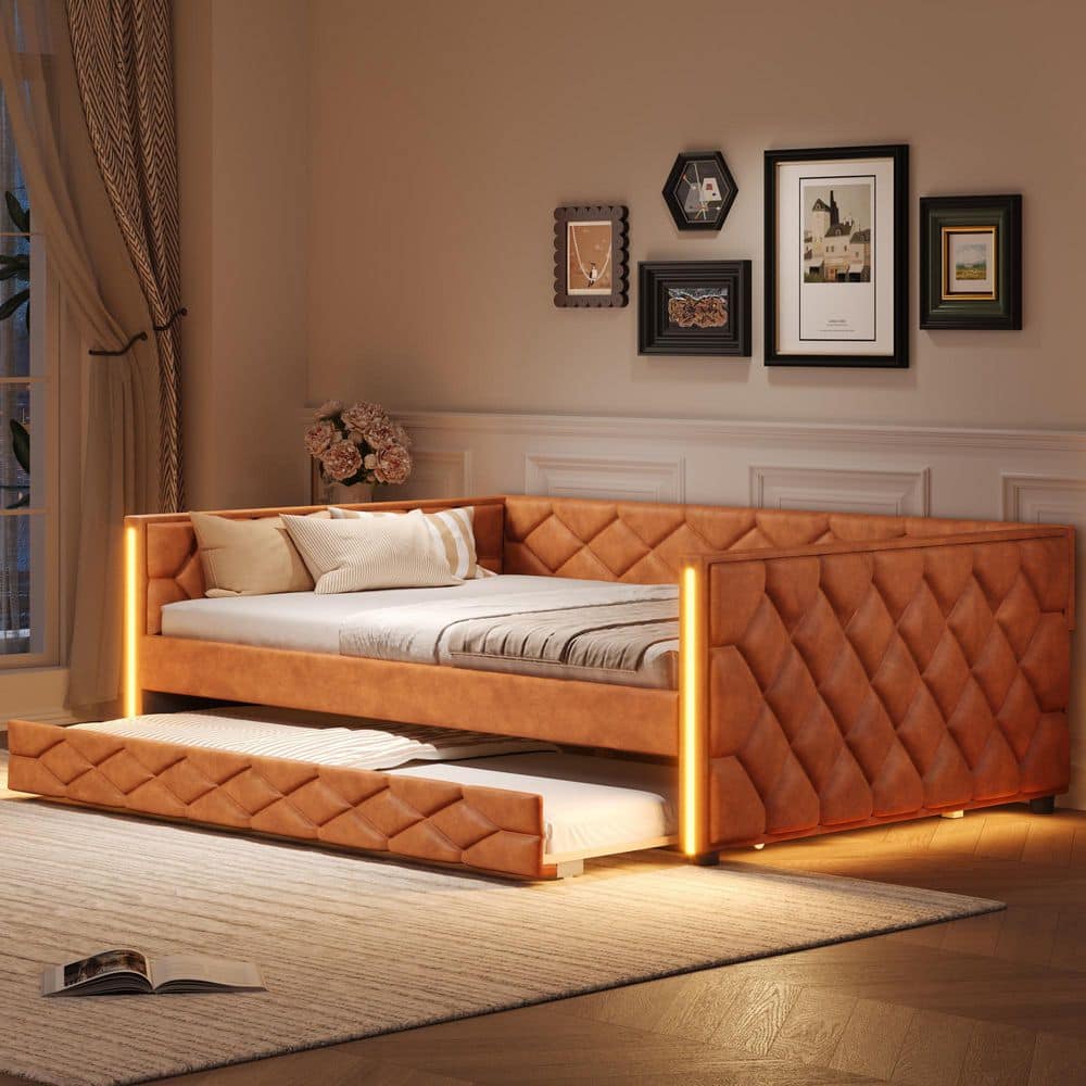 Brown Full XL Size PU Upholstered Daybed with Trundle and LED Armrests price history on PriceWatchPro
