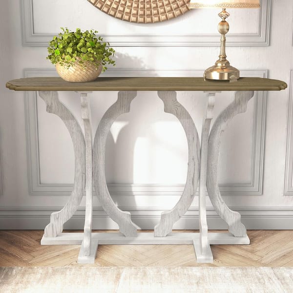 GALANO Doynton 45.9 in. Spray Paint White and Oak Oval Solid Wood Console Table