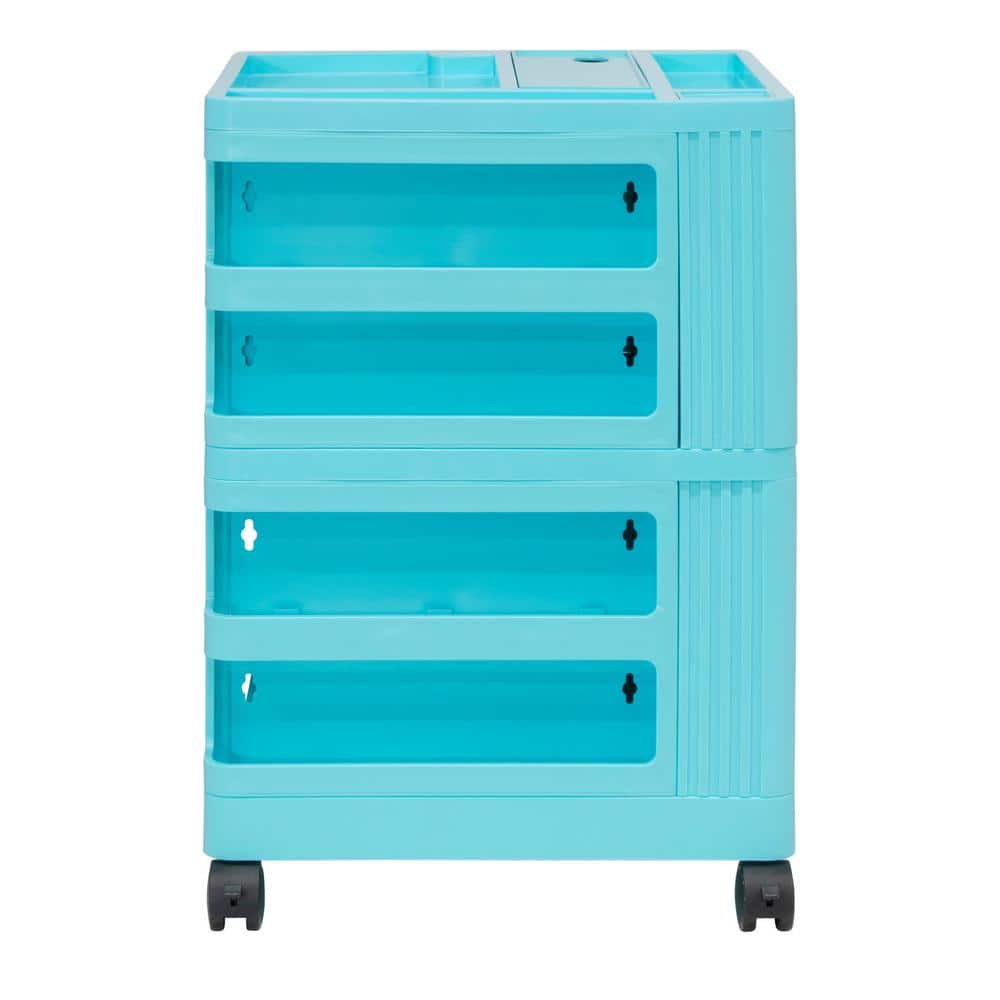 Turquoise Rotating Plastic Mobile Storage Cart with Multiple Compartments