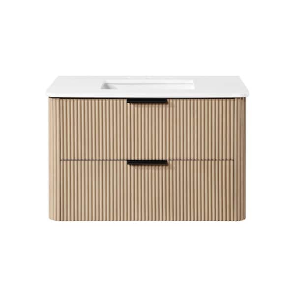 Amara 36 in. Single Sink Floating Sahara Birch Bath Vanity with White Engineered Stone Top