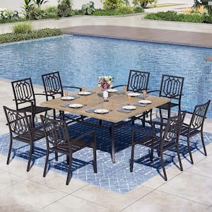 Black 9-Piece Metal Outdoor Patio Dining Set with Wood Finish Slat Square Table and Fashion Stackable Chairs