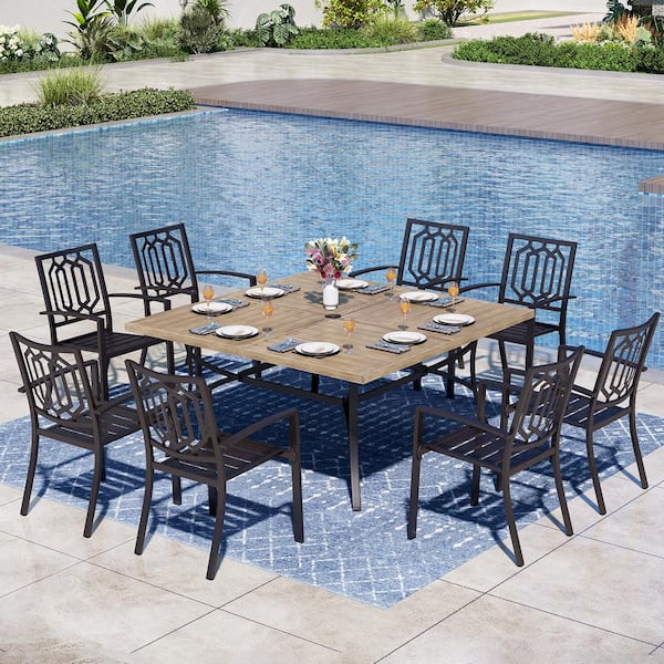 PHI VILLA Black 9-Piece Metal Outdoor Patio Dining Set with Wood Finish Slat Square Table and Fashion Stackable Chairs