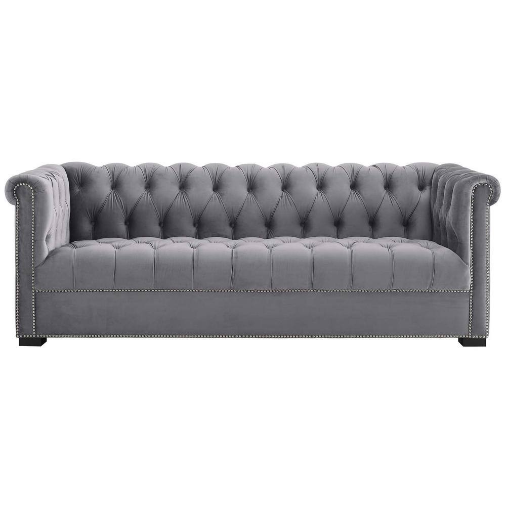 Elegant Black Velvet Chesterfield Sofa with Nailhead Trim and Rolled Arms