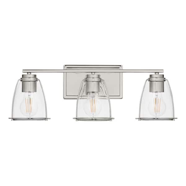Home Decorators Collection Brooke Park 24 in. 3-Light Polished Nickel Industrial Bathroom Vanity Light with Clear Glass Shades