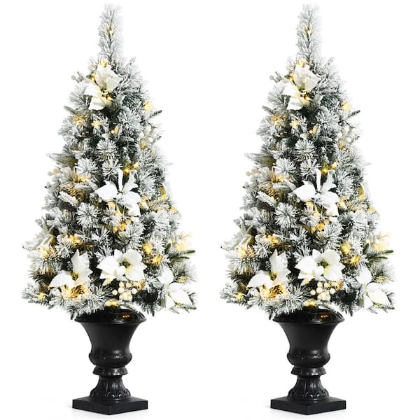 Gymax 4 ft. Pre-Lit Artificial Christmas Tree Entrance Snow Flocked Xmas Tree with LED Lights (2-Piece)