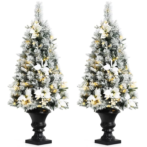 Gymax 4 Ft. Pre-Lit Artificial Christmas Tree Entrance Snow Flocked Xmas Tree With Led Lights (2-Piece) Gym08608