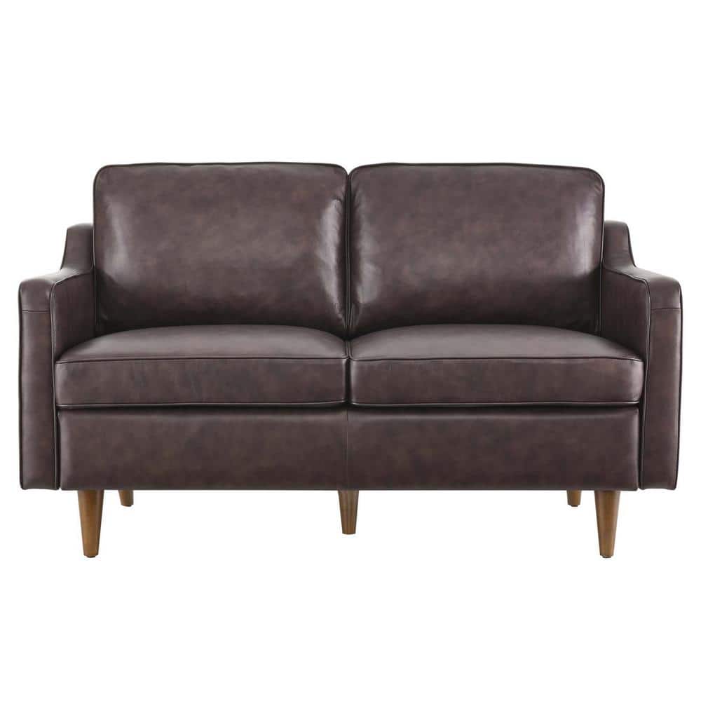 Mid-Century Genuine Leather Brown Loveseat with Walnut Legs