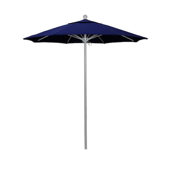 California Umbrella 7.5 ft. Grey Woodgrain Aluminum Commercial Market Patio Umbrella Fiberglass Ribs and Push Lift in True Blue Sunbrella