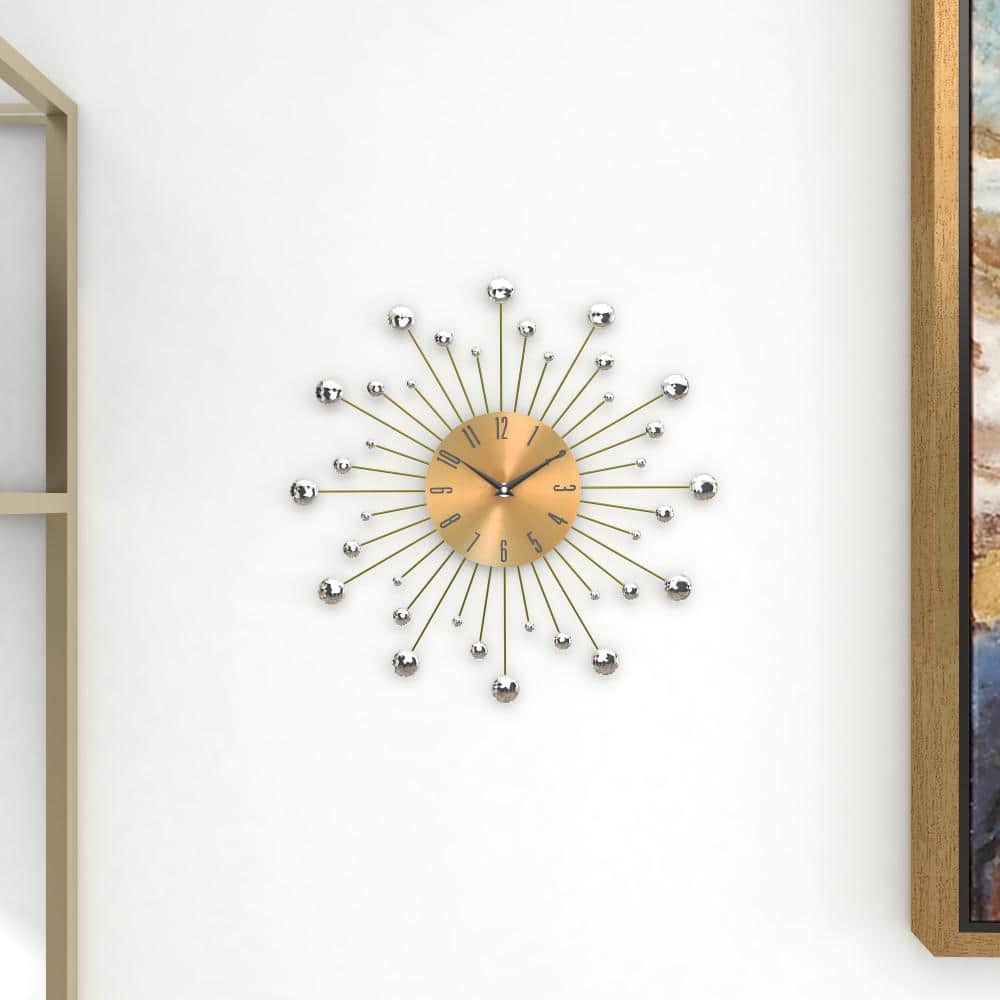 Gold Metal Starburst Wall Clock with Crystal Accents, 15"