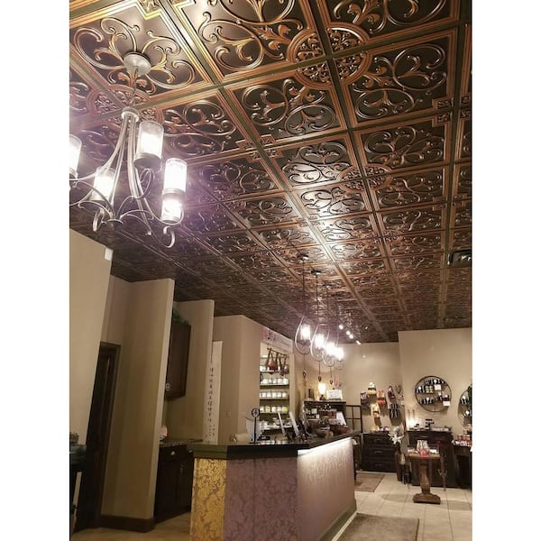 Laurel Wreath PVC Ceiling Tiles – 24" X 24" Antique Copper, Glue-Up Or Drop-In, 50 Tiles Cover 200 Sq. Ft, Class A Fire Rated