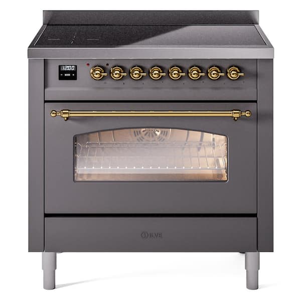 Nostalgie II 36 in. 6 Zone Freestanding Induction Range in Matte Graphite with Brass