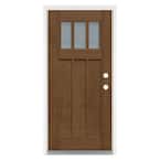 36 in. x 80 in. Medium Oak Left-Hand Inswing 3 Lite Frosted Craftsman Stained Fiberglass Prehung Front Door