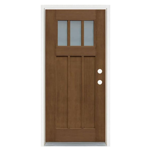 MP Doors 36 in. x 80 in. Medium Oak Left-Hand Inswing 3 Lite Frosted Craftsman Stained Fiberglass Prehung Front Door