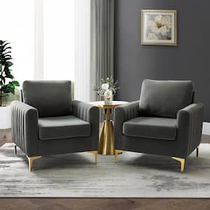 Ennomus Modern Grey Velvet Cushion Back Club Chair with Golden Metal Legs and Track Arms (Set of 2)