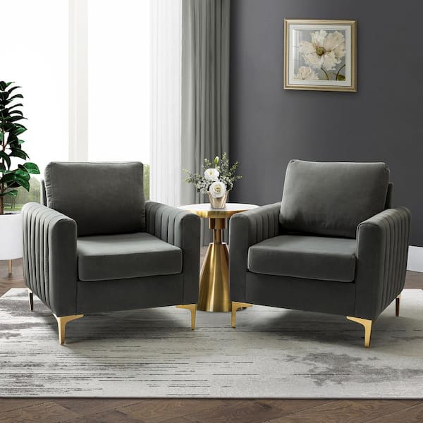 JAYDEN CREATION Ennomus Grey Velvet Cushion Back Club Chair Arm Chair with Golden Metal Legs and Track Arms (Set of 2)