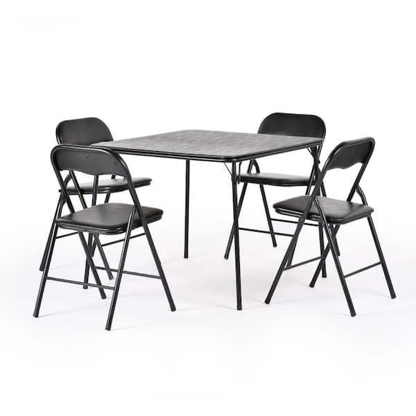 FOLS 5-Piece Black Folding Table and Chair Set 34 in. Square Table with Easy-Clean PVC Cushions, No Assembly Needed