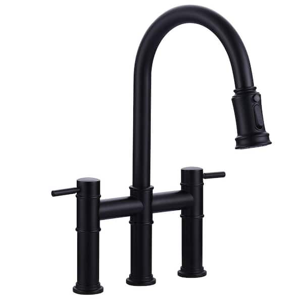VEVETTA Double Handle Pull-Down High Arc Bridge Kitchen Faucet with Stainless Steel in Matte Black