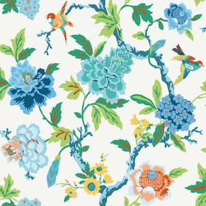 NextWall Bird Floral Peel and Stick Wallpaper - 20.5 in. W x 18 ft. L - Carmine & Blue Lagoon