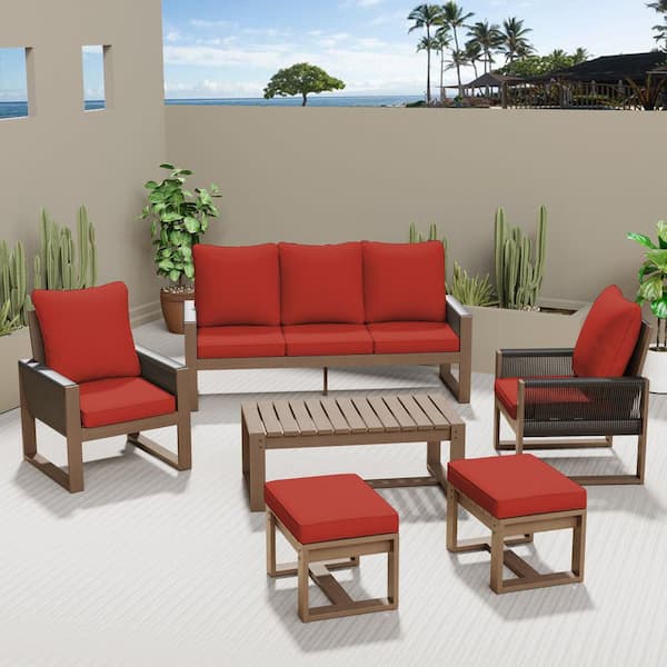 INMITOM 6-Piece Canadian Hemlock Wood Outdoor Conversation Set with Ottomans Red Cushion