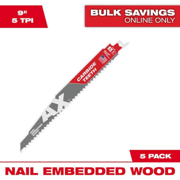 Milwaukee 9 in. 5 TPI AX Carbide Teeth Demolition Nail-Embedded Wood Cutting SAWZALL Reciprocating Saw Blades (5-Pack)