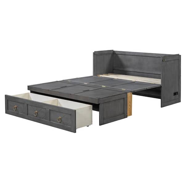 Qualler Gray Wood Frame Full Size Murphy Bed with USB Port and Drawer